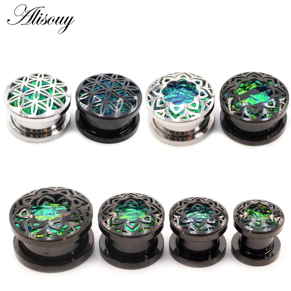 Alisouy 2 шт., ретро нержавеющая сталь, опал, полые цветы, ушные туннели, заглушки, расширитель, носилки, калибры, серьги, ювелирные изделия для пирсинга