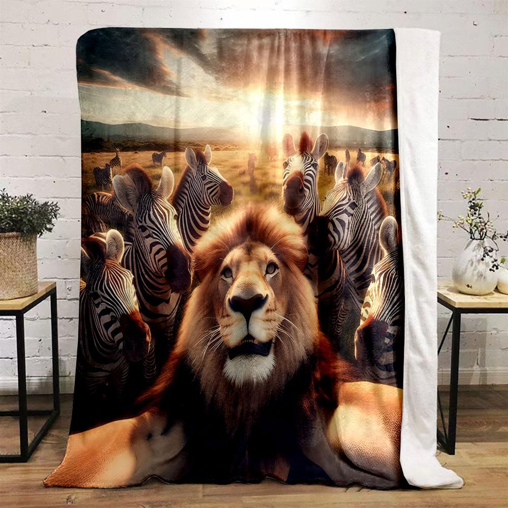 Lion and Zebras' Selfie at Sunset print blanket soft and cozy perfect for the living room bed sofa or a nap,gift
