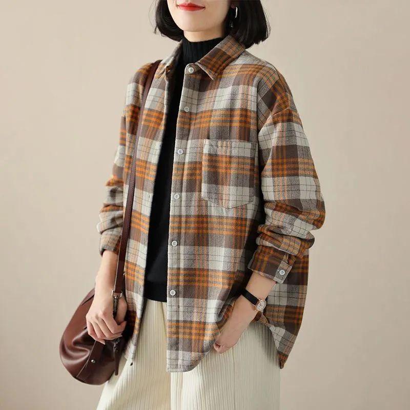 Casual Loose-Fitting Plaid Cotton Shirt for Women, Perfect for Autumn
