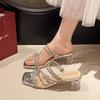 Французский бант стразы женские белые 2025 лето новые популярные красивые подходящие юбки толстый каблук хрустальные и крутые шлепанцы