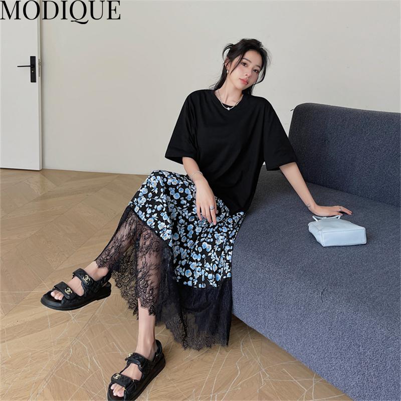 MODIQUE Summer Plus Size Women Loose Versatile A-Line Floral Print Lace Patchwork Pleated Cotton T-Shirt Long Dresses Female Casual O-Neck Dresses