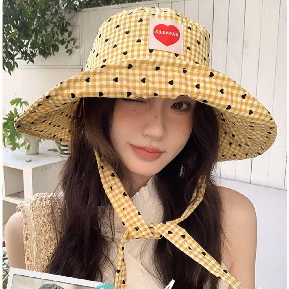 Lace Up Drawstring Sun Hat Sun Protection Heart Printed Bucket Hat Hiking Fisherman Hat Travel