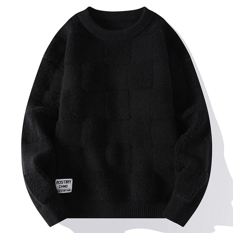 American Style Towel Check Design Fashion Sweater Coat Men's Fall Winter Casual Loose Pullover Unisex Sweater Streetwear