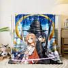 Two characters with swords stand in front of a floating tower landscape. for all seasons blanket lunch break throw gift