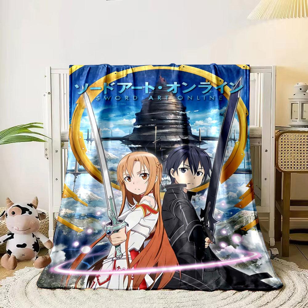 Two characters with swords stand in front of a floating tower landscape. for all seasons blanket lunch break throw gift