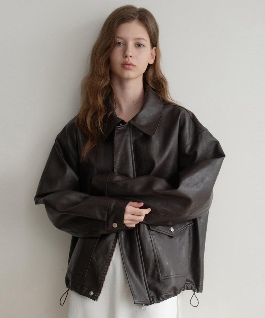 LENAV Les Pocket Leather Bomber Blouson (Brown)