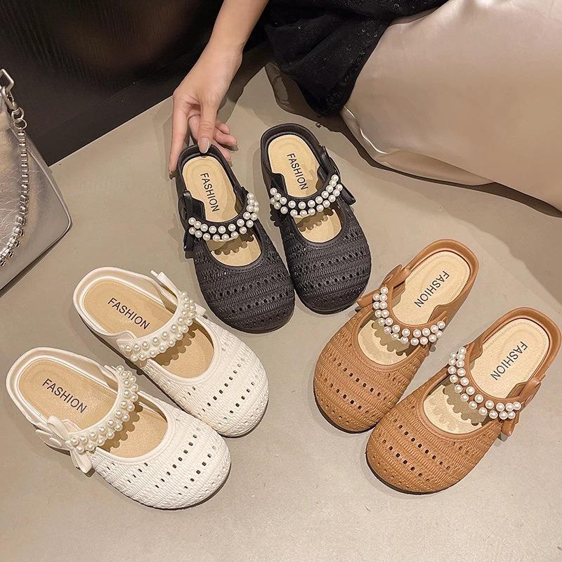 Half-bag Head Slippers Women's Summer Outer Wear New Fashion Niche Hollow Pearl Comfortable Outer Wear Cool Slippers