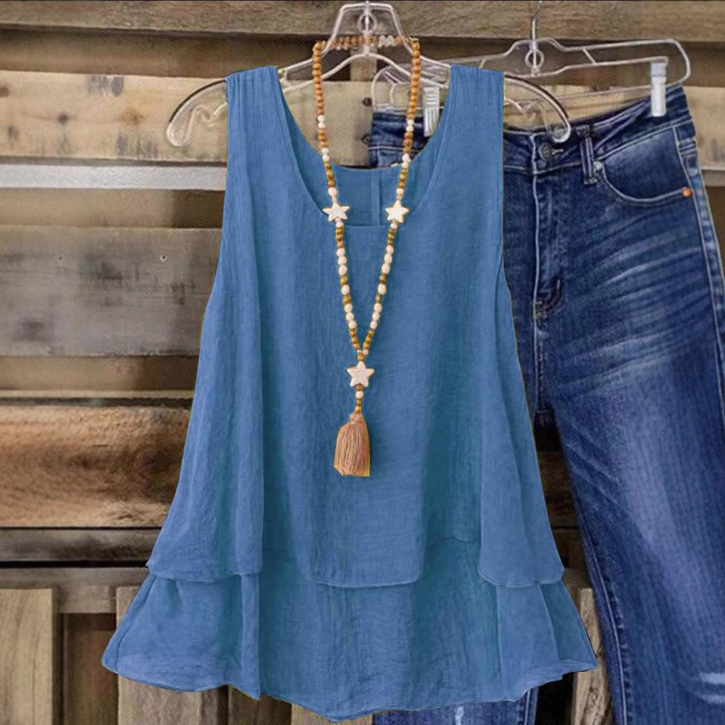 2025 Women's Summer New Solid Color Casual Sleeveless U-Neck Fake Two Layers T-Shirt