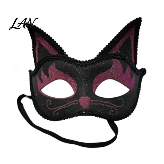 Decorative Party Mask Cat Half Face Mask, Halloween Glitter Venetian Masquerade Costume Accessory Rhinestone Ear for Cosplay