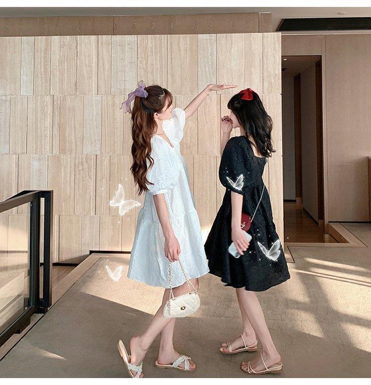 2023 Summer French Puff Sleeve A-Line Square Neck Dress for Women