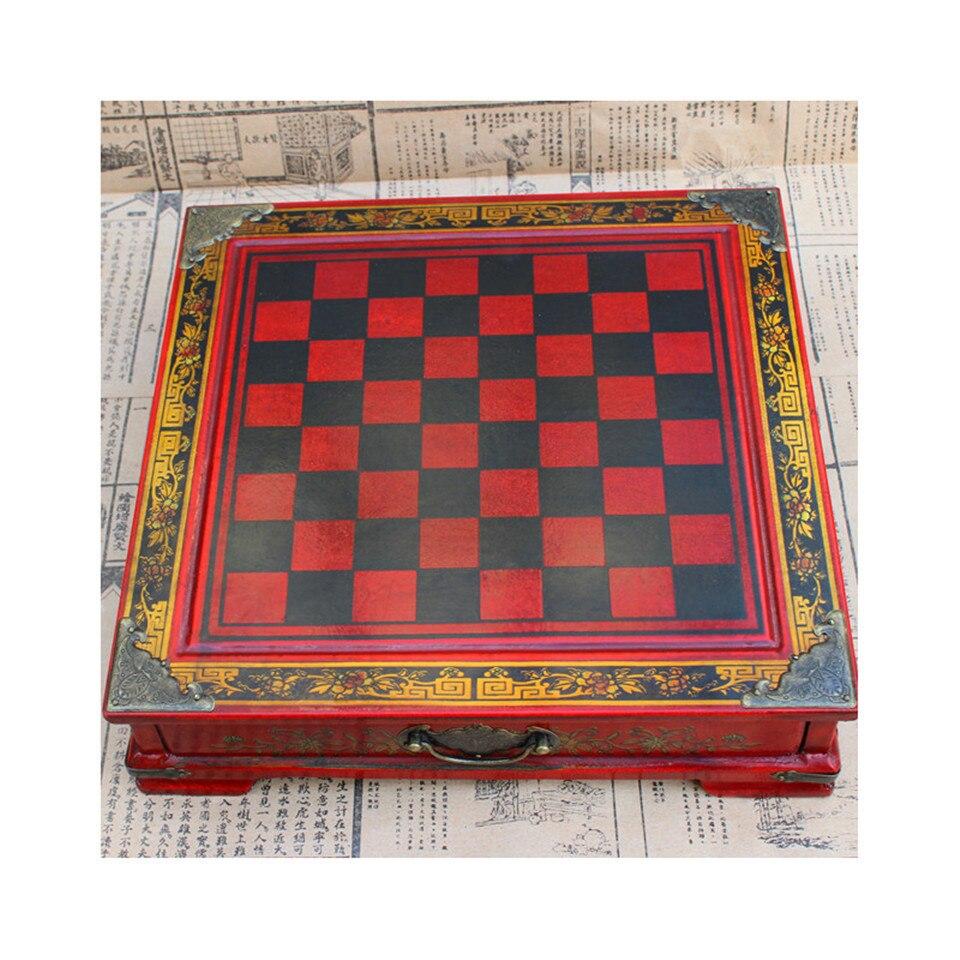 Top Grade Wood Chess Set Carving Resin Terra Cotta Warriors Pieces International Chess Wooden Desk Drawer Chessboard Board Games 