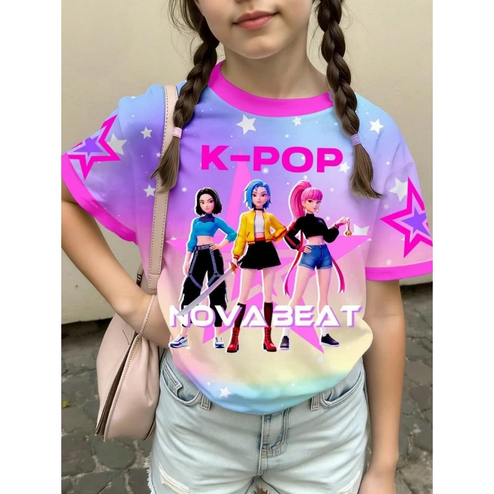 Kpop Style Short-Sleeve T-Shirts for Girls Funny Gift for Kids Summer Short Sleeve Tops Casual Round-Neck Outdoor Girls Clothes