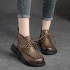 Retro Women Short Boots Genuine Leather Lace-Up Shoes Handmade Round Toe Soft Sole Flat Boots
