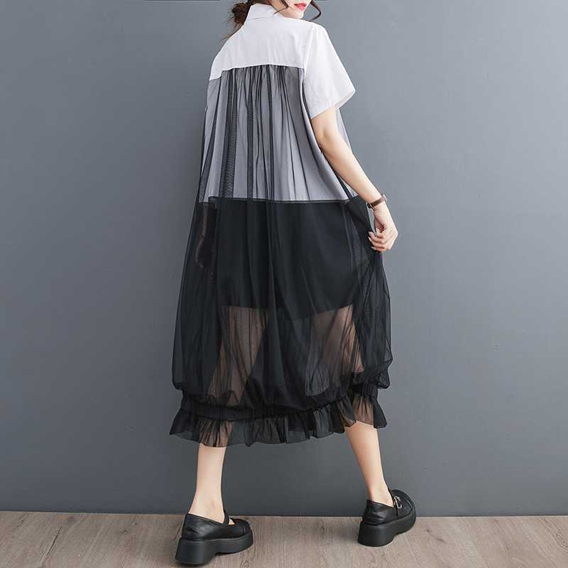 Ladies' Fashion Mesh Splicing Shirt Skirt Loose Casual Dress