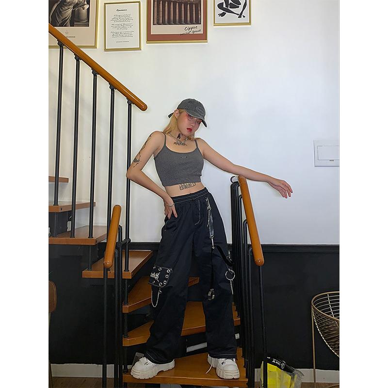 Черные брюки-карго в стиле Харадзюку, женские брюки-карго в готическом стиле с цепочкой, белые широкие брюки, женские хиппи, уличный стиль, эмо-торговый центр, гот