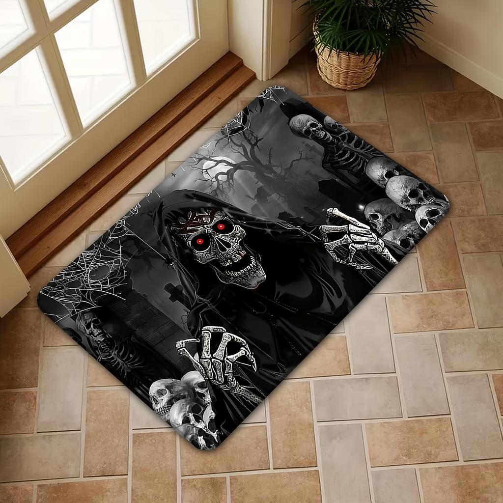 1pc 2D Flat Grim Reaper Skulls Graveyard Halloween Flannel Door Mat Non Slip Horror Decor Rug For Entryway Party Floor