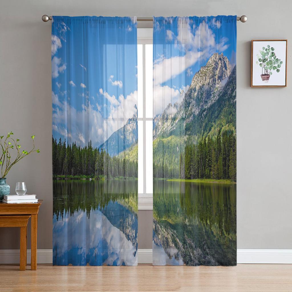 Lake Scenery Window Treatment Tulle Modern Sheer Curtains for Kitchen Living Room the Bedroom Curtains Decoration