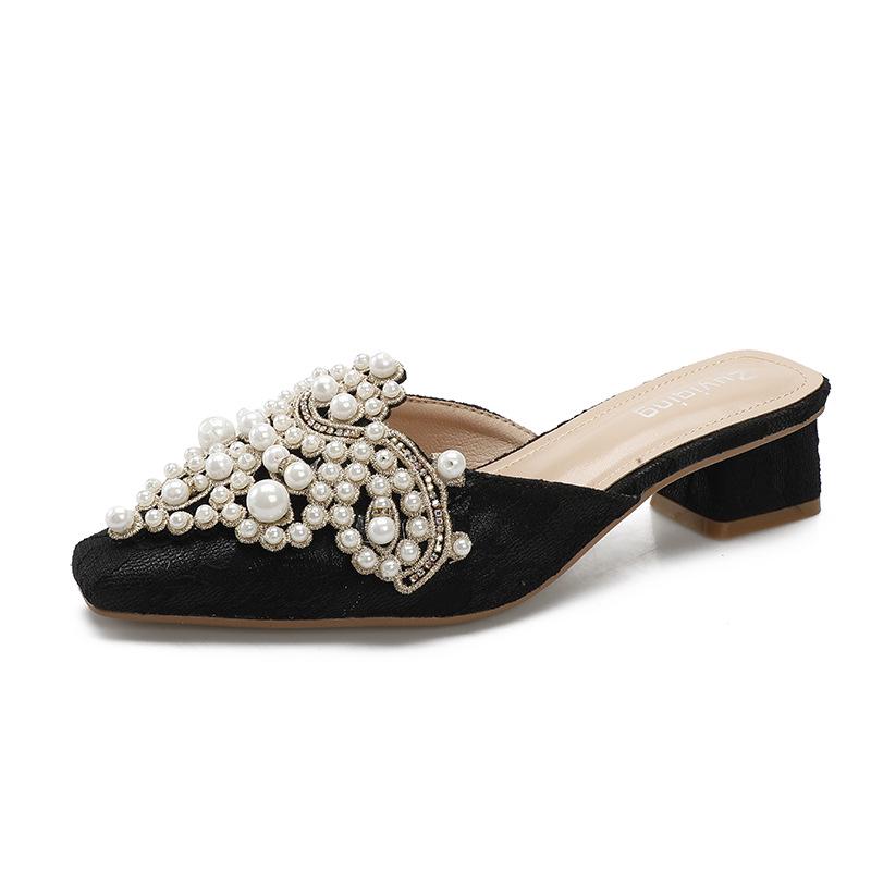 Женские осенние туфли-шлепанцы 2025 года на массивном каблуке с квадратным носком, украшенные жемчугом и с мягкой подошвой для ношения на улице