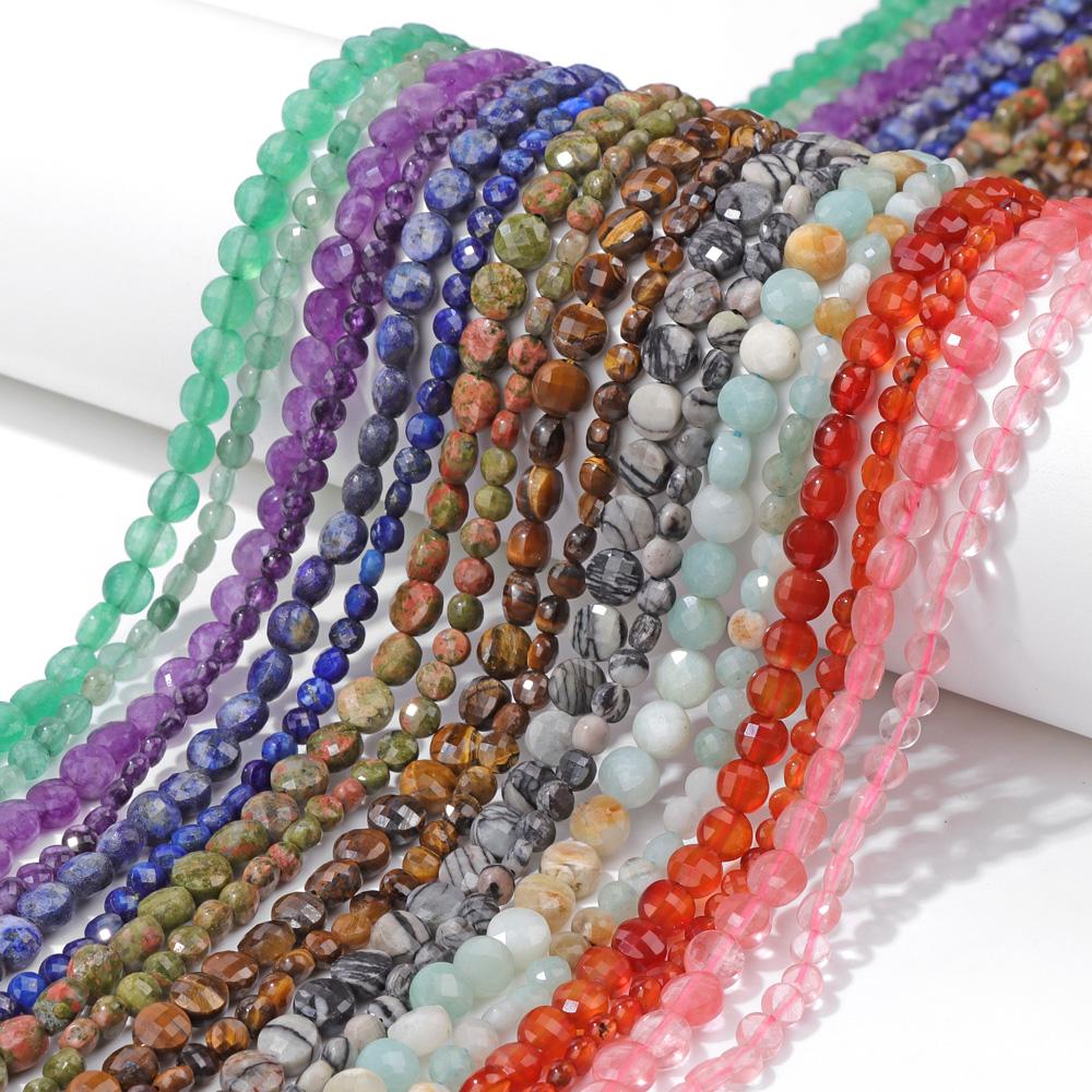 4/6mm Faceted Round Coin Stone Bead Accessories Flat Small Quality Crystal Gem Quartz Amazonite Lapis Bead Charm For DIY Jewelry