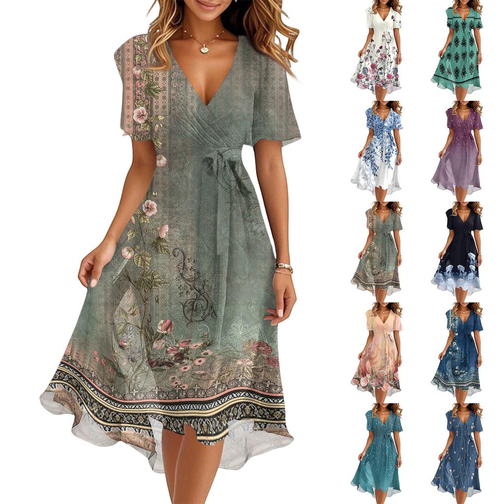Women's Summer Fashion V-Neck Flared Dress Short Sleeve Floral Dresses