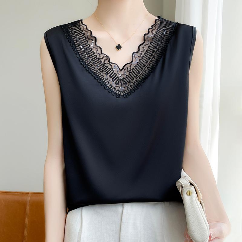 Кружевной цветочный V-образный вырез атласный жилет на бретелях для женщин, утягивающий ацетатный однотонный летний новый базовый топ без рукавов