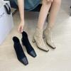 2025 Spring and Autumn New Thick High Heel Square Head Rear Zipper Low Tube Skinny Suede Splicing Martin Fashion Women's Boots