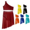 Kids Girls Lyrical Dance Outfit Set Overlay One Shoulder Crop Top with Skirted Briefs Rhinestone Sheer Mesh Dancewear Costume