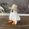 White Ghost Decoration Halloween Cowboy Statue, Spooky Resin Figurine, Western Tabletop Decor Sculpture with Boot And Hat for Mantel, Tiered
