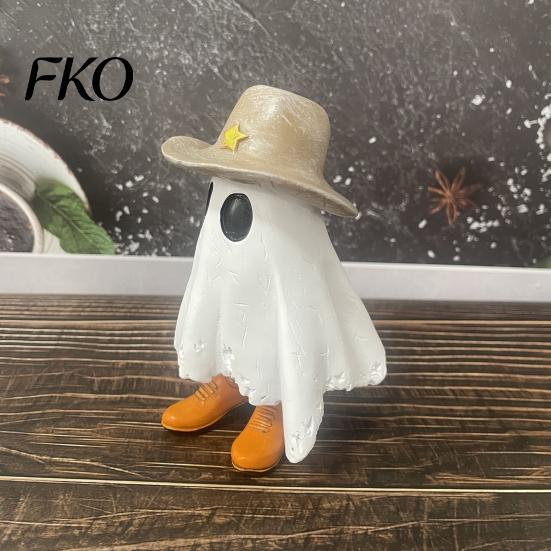 White Ghost Decoration Halloween Cowboy Statue, Spooky Resin Figurine, Western Tabletop Decor Sculpture with Boot And Hat for Mantel, Tiered