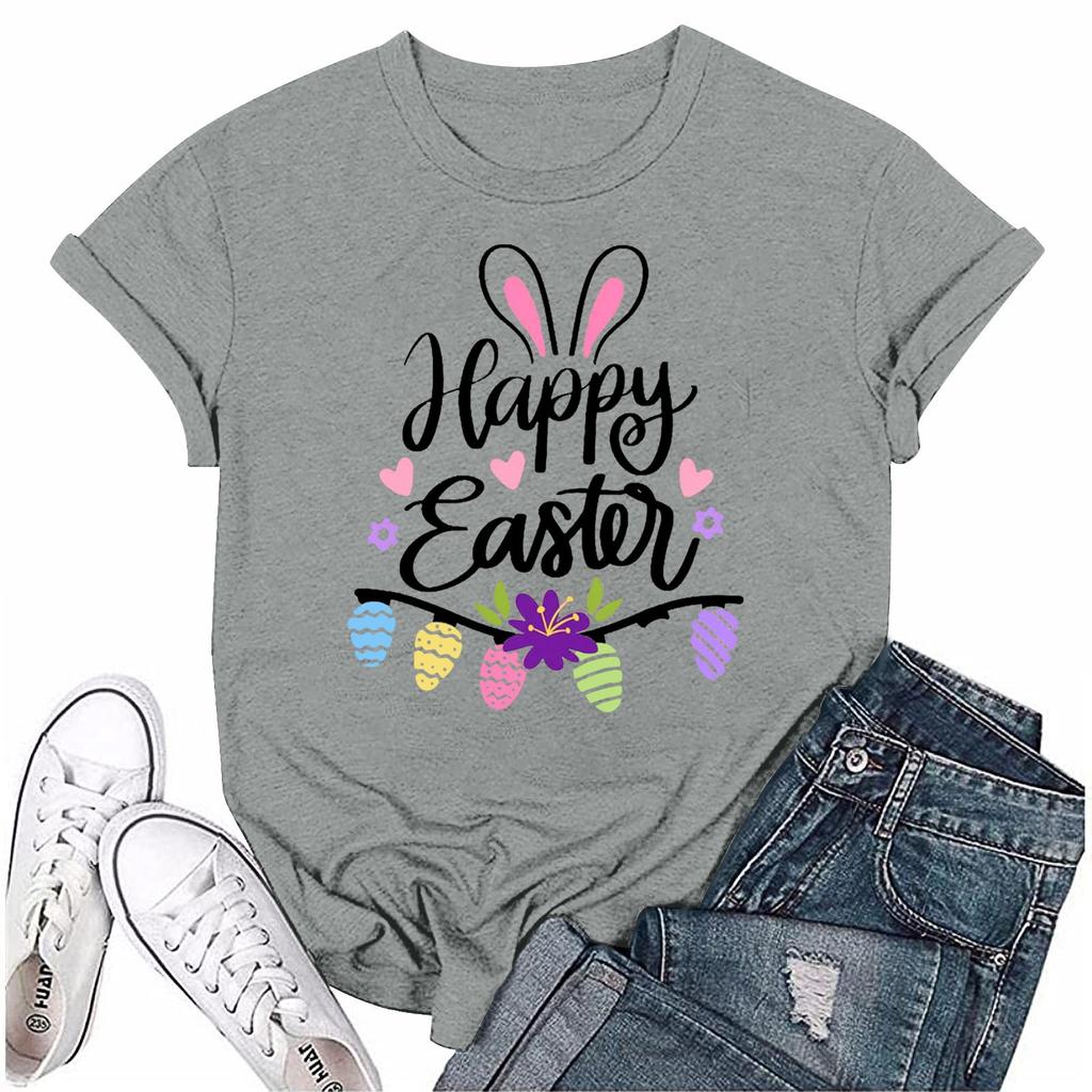 Женская модная пасхальная принтованная повседневная плиссированная круглая футболка с коротким рукавом