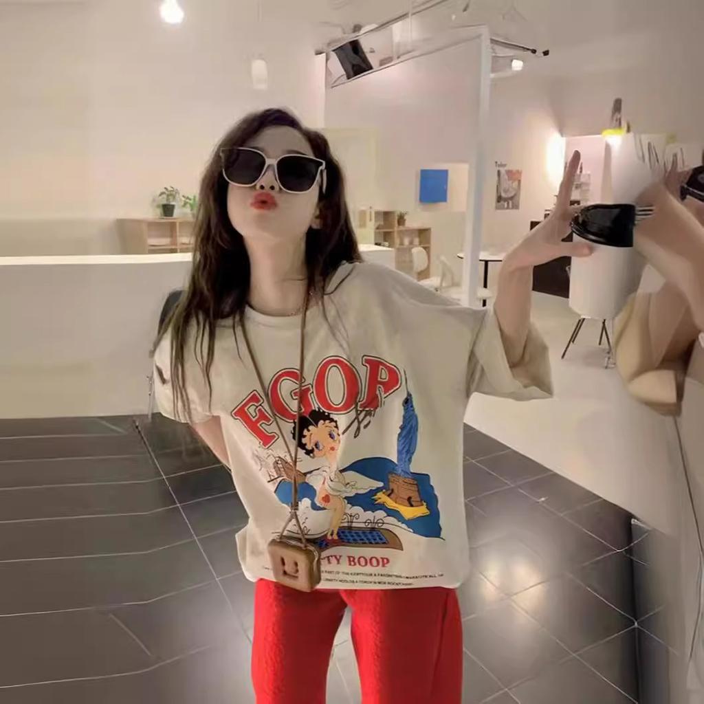 American vintage retro large size t-shirt women's pure cotton trendy brand vintage short-sleeved ins versatile new summer top