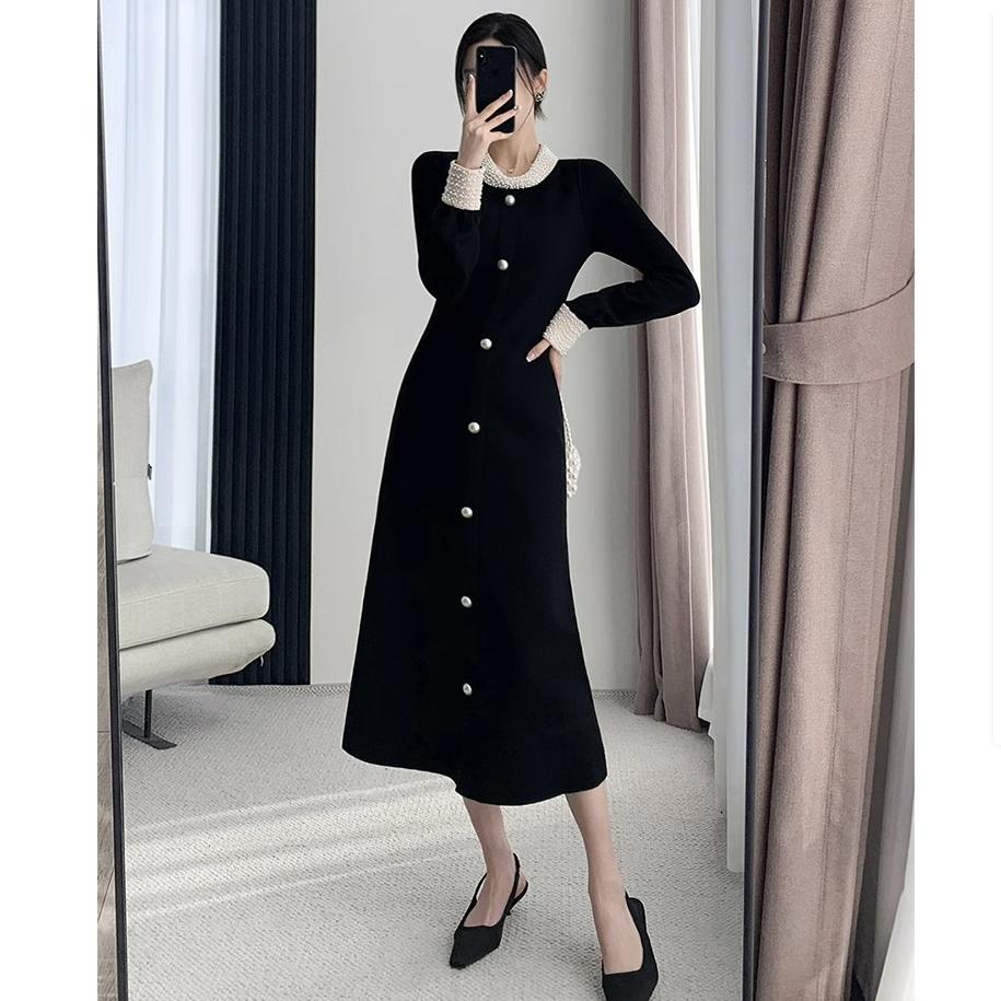 With Coat, Long Sweater Skirt, Temperament, Ladies, French Hepburn Style, Black Bottoming Knitted Dress, Women's Autumn and Winter Models