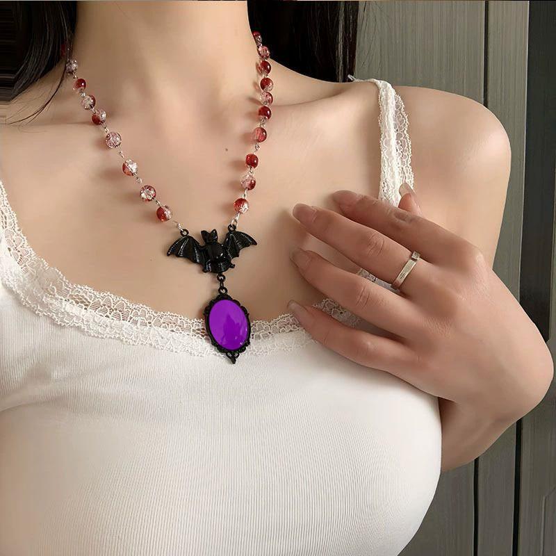 New Fashionable Dark Gothic Red Bat Crystal Necklace Halloween Men's And Women's Beaded Trendy Jewelry Accessory