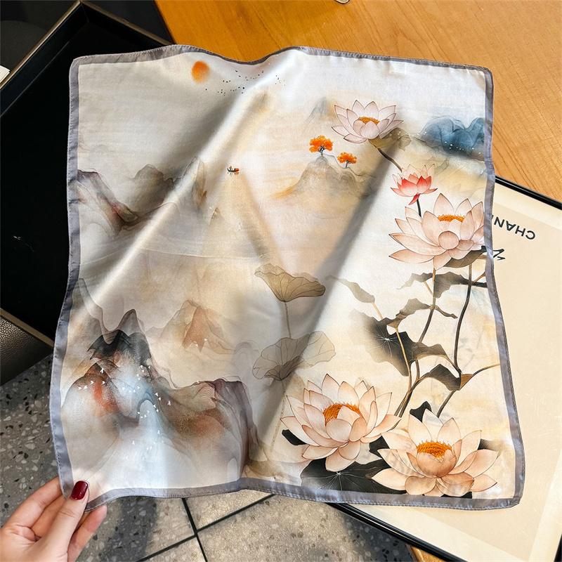 100% Silk Scarf Plum Blossom Pattern Square Scarves for Women Wrap Kerchief Mulberry Silk Bandana Fashion Luxury Headband Hijab
