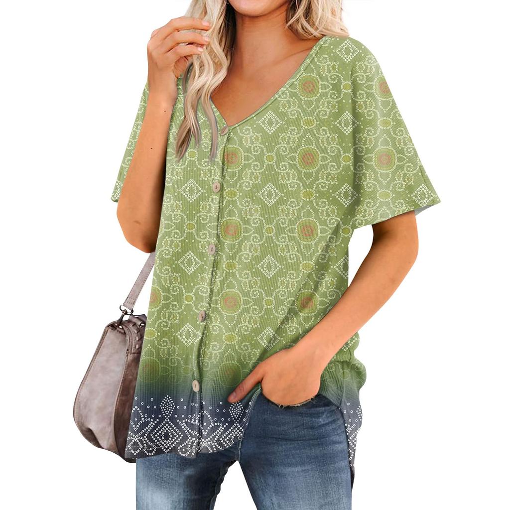 Women's T Shirt Tee Printed Women's Shirts V Neck Short Sleeve Button Up Tunic Tops Blouse