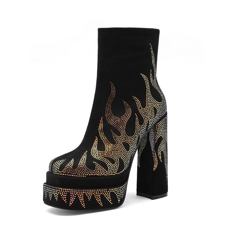 Fashion Kaky's New High-heeled Round Head Waterproof Platform Thick Bottom Large Size Rhinestone Women's Boots Short Boots Fashion Boots