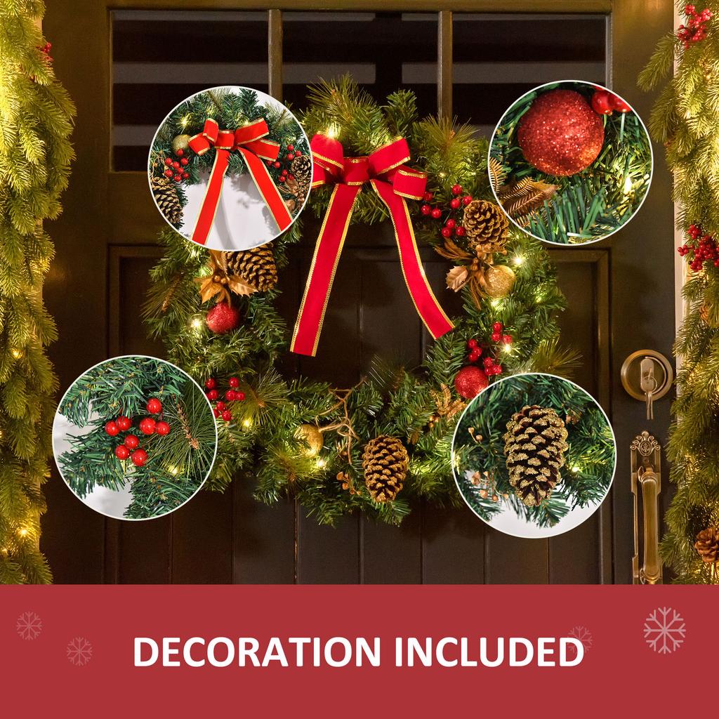 60cm Pre-Lit Artificial Christmas Door Wreath Holly LED Decor Pine Cones Hanging Glittered Festival Indoor Decoration
