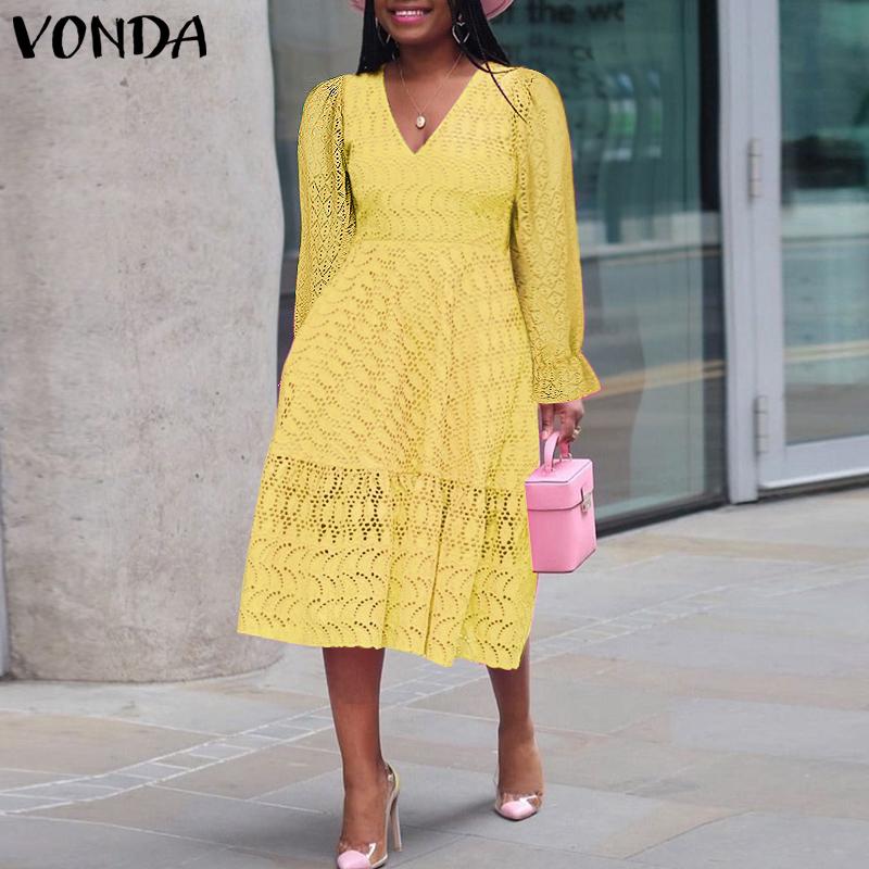 VONDA Women Plus Size V-Neck Bubble Long Sleeve Lace Dresses