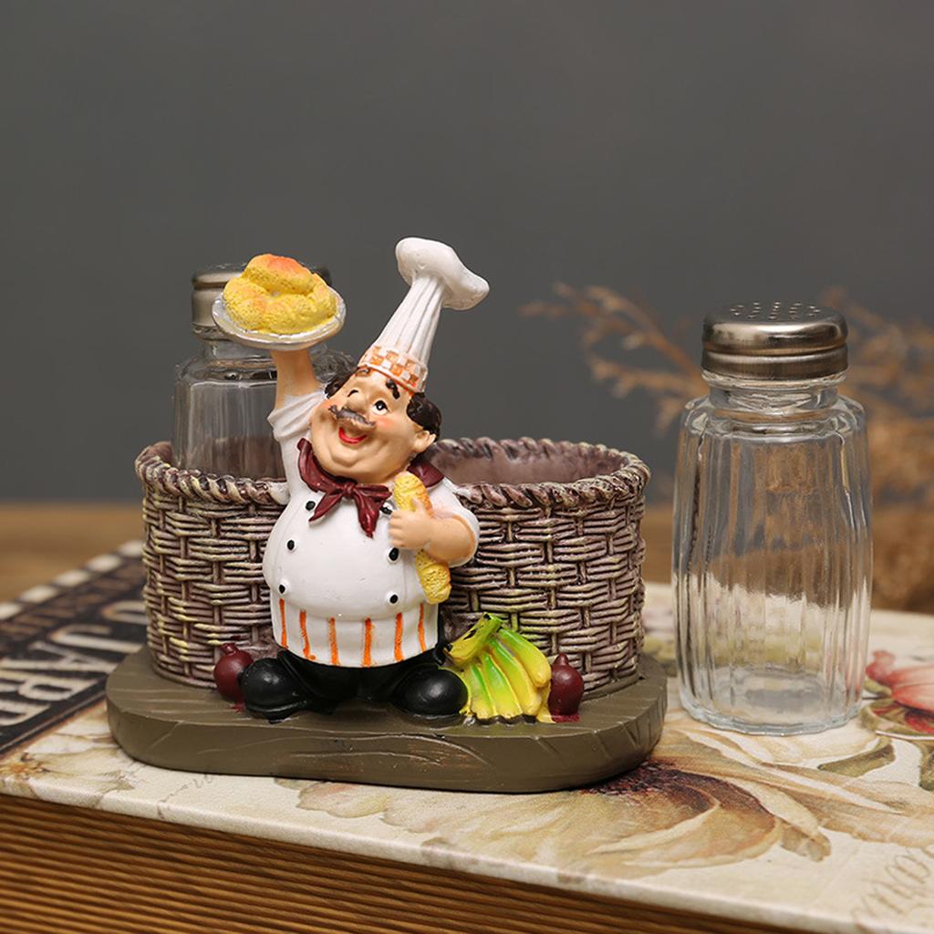 Salt & Peppers Bottle Holder Ornament Resin Chef Statue Decorative Ornament 2 Seasoning/Toothpick Bottle Resin Figurines