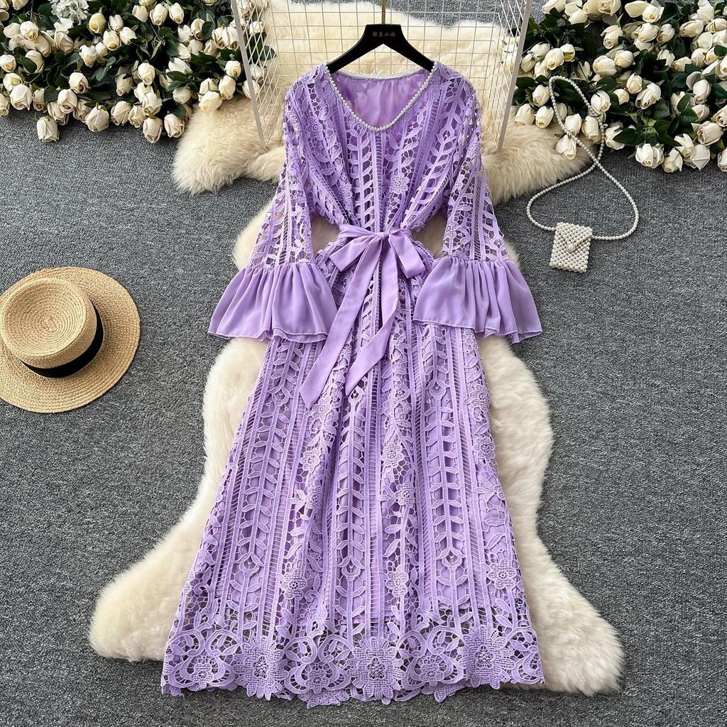 France Vintage Hollow Out Evening Dress Women Sashes V-Neck Flare Sleeve Crochet Elegant Dress Female Casual Chic Clothing