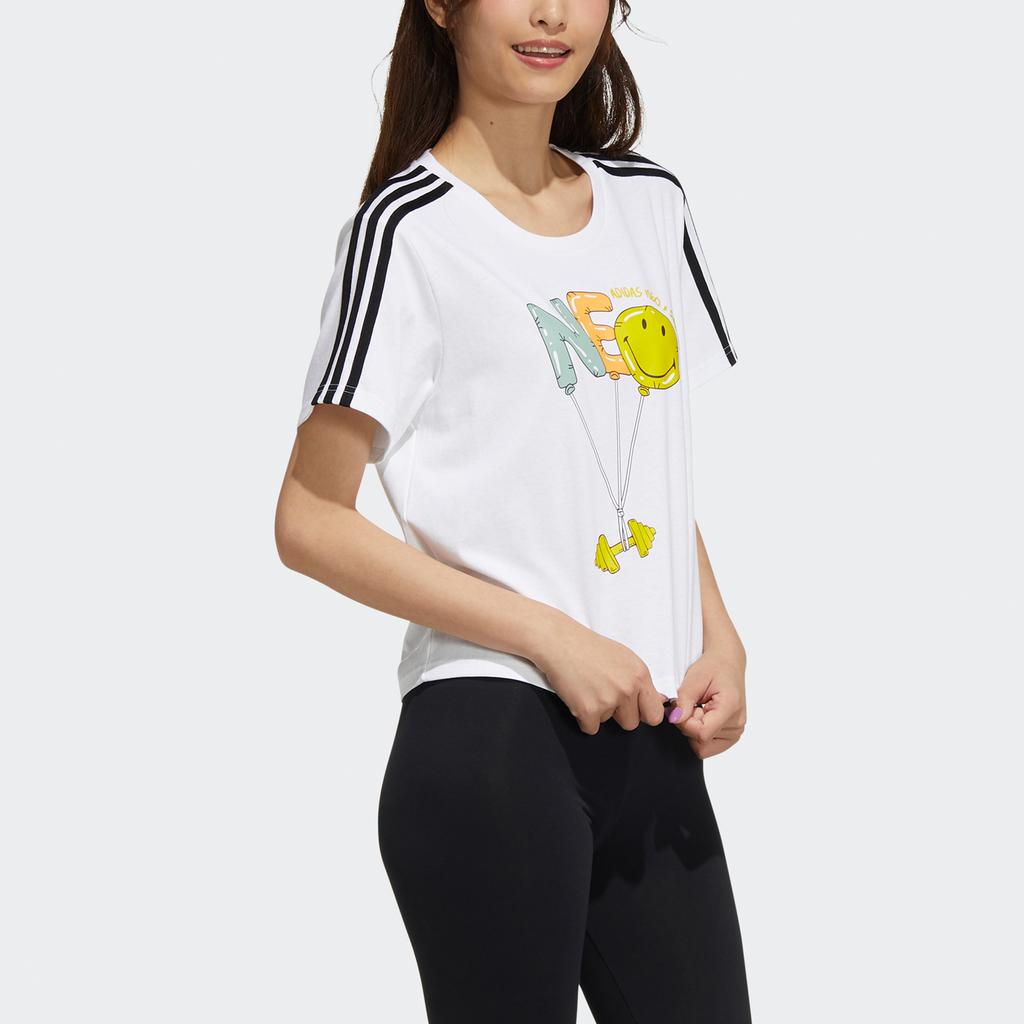 adidas Футболка женская с принтом Neo Cartoon, американская винтажная, повседневная, спортивная, с круглым вырезом, коротким рукавом и заниженной линией плеч, белая, H61982