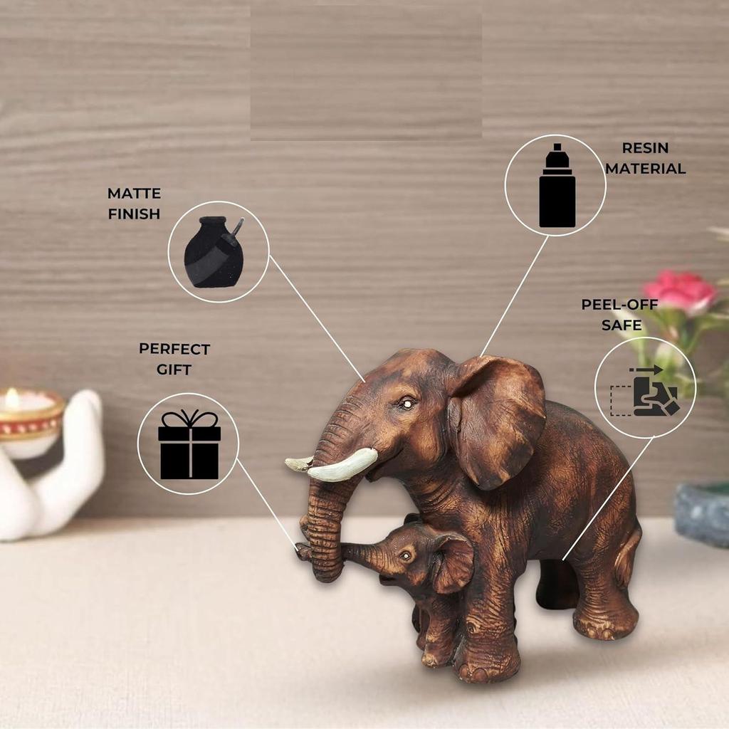Brown Poly Resin 'Mother & Baby Elephant' 8 Inches - Set of 1 Showpiece Mother & Baby Elephant Figurine for Home Decor