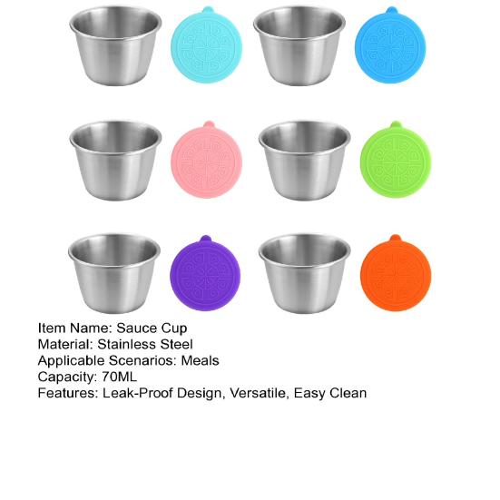 1/6Pcs Dipping Cup Stainless Steel Sauce Cup with Leakproof Lid 70ml Reusable Condiment Container