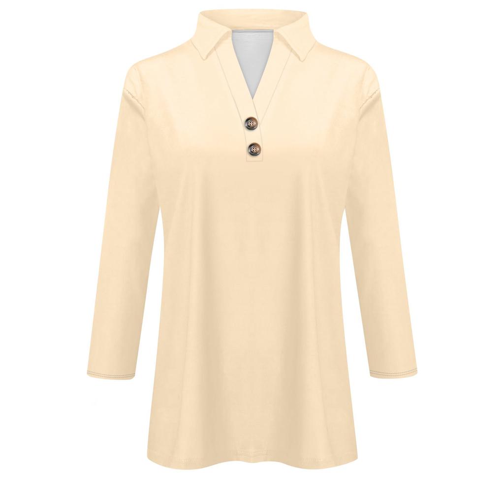 Женская летняя модная повседневная однотонная рубашка с v-образным вырезом и воротником на пуговицах с семиточечным принтом, топ