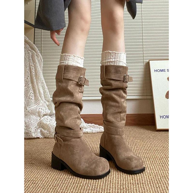 Fashion Women Vintage Pile Western Cowboy Boots Spring Autumn Long Boots Women Round Toe Slip On Knee High Casual Platform Botas Mujer