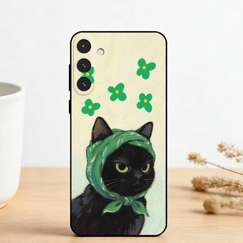 C-Cute Black White Cat Phone Case For Samsung Galaxy A73,A72,A71,A70,A53,A52,A51,Others Soft Black Cover