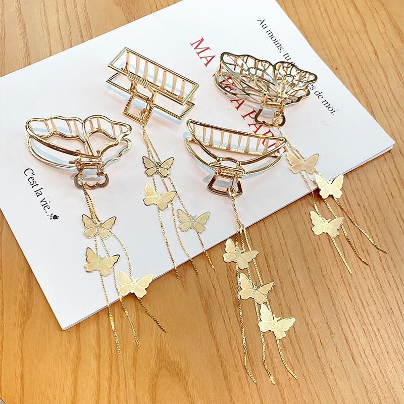 Заколки для волос в форме бабочки, коготь с металлической цепочкой, кисточкой, винтажный длинный кулон, висячие заколки для волос для женщин и девочек, модные аксессуары для волос
