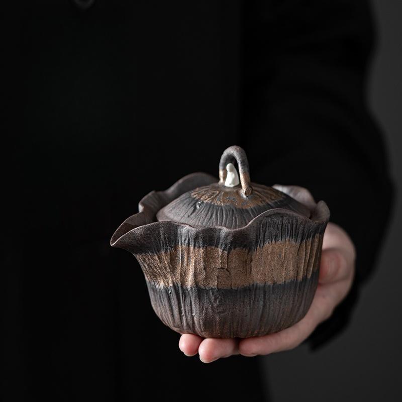 Ретро Керамический Чайник с Ручкой Bodhi Lotus Грубая Керамика Глянцевая Железная Глазурь Чайник для Заваривания Чая Высококачественный Чайник для Кунг-фу Чайная Церемония