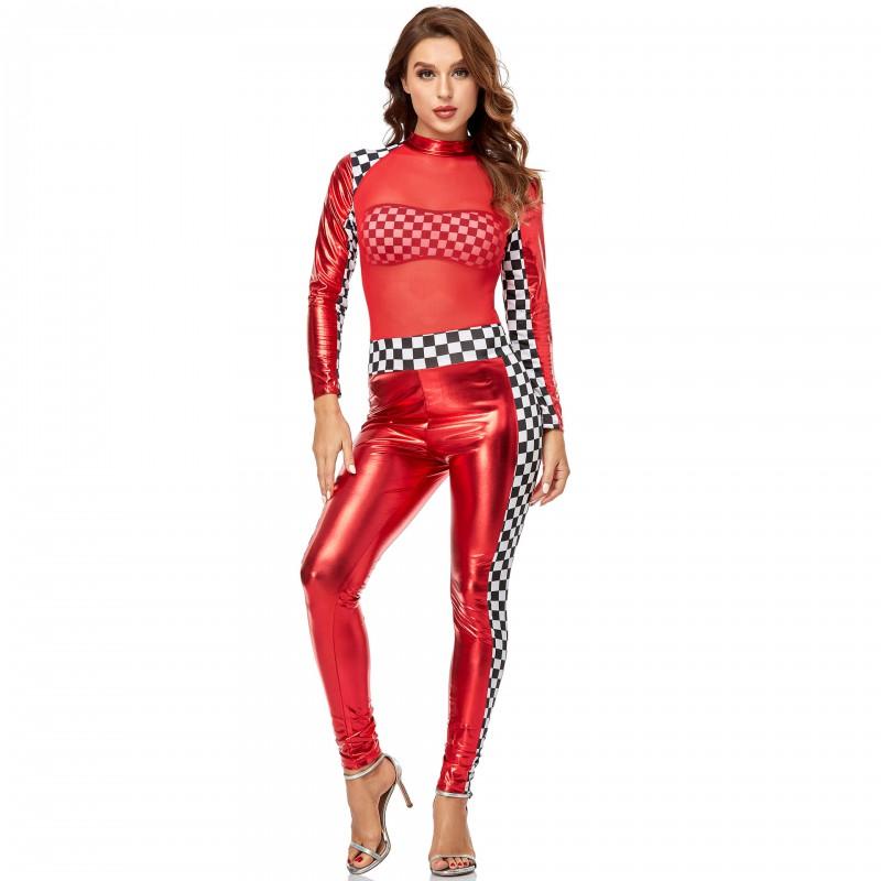 Womens Mesh PU Leather Jumpsuit Red Black Game Theme Stage Performance Outfit Cheerleading Racing Costume