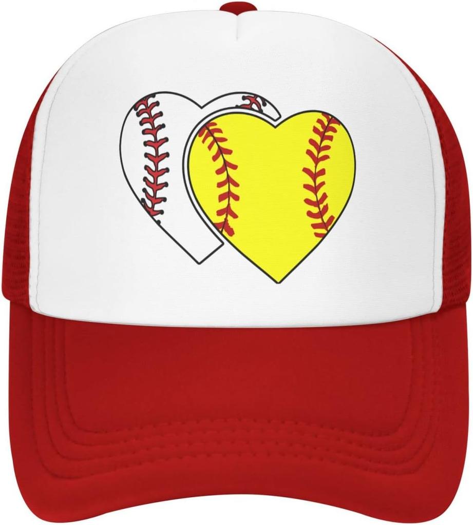 Softball Heart Graphic Trucker Hat Polyester Mesh Adjustable Baseball Cap Casual for Men Women